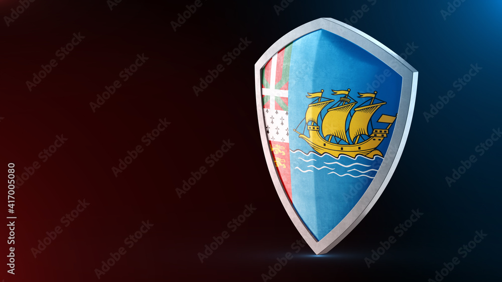 Steel armor painted as Saint Pierre and Miquelon flag. Protection shield and safeguard concept. Safety badge. Security label and Defense sign. Force and strong symbol. Steel armor painted as Saint Pierre and Miquelon flag. Protection shield and safeguard concept. Safety badge. Security label and Defense sign. Force and strong symbol.