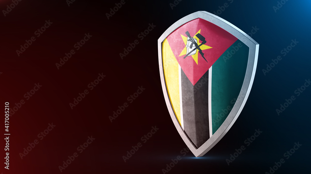 Steel armor painted as Mozambique flag. Protection shield and safeguard concept. Safety badge. Security label and Defense sign. Force and strong symbol. Steel armor painted as Mozambique flag. Protection shield and safeguard concept. Safety badge. Security label and Defense sign. Force and strong symbol.