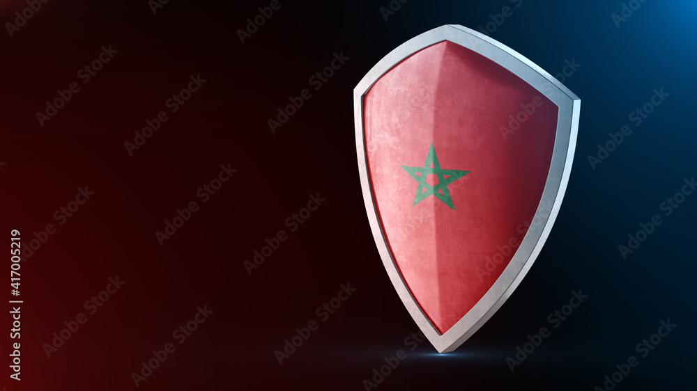 Steel armor painted as Marocco flag. Protection shield and safeguard concept. Safety badge. Security label and Defense sign. Force and strong symbol. Steel armor painted as Marocco flag. Protection shield and safeguard concept. Safety badge. Security label and Defense sign. Force and strong symbol.