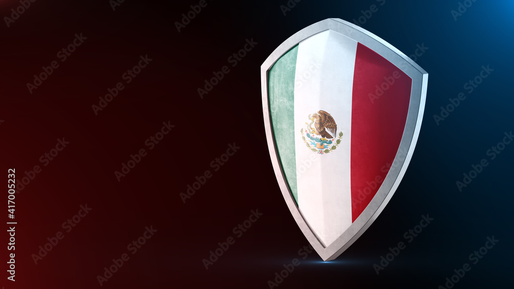 Steel armor painted as Mexico flag. Protection shield and safeguard concept. Safety badge. Security label and Defense sign. Force and strong symbol. Steel armor painted as Mexico flag. Protection shield and safeguard concept. Safety badge. Security label and Defense sign. Force and strong symbol.