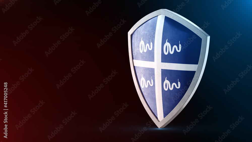 Steel armor painted as Martinique flag. Protection shield and safeguard concept. Safety badge. Security label and Defense sign. Force and strong symbol. Steel armor painted as Martinique flag. Protection shield and safeguard concept. Safety badge. Security label and Defense sign. Force and strong symbol.