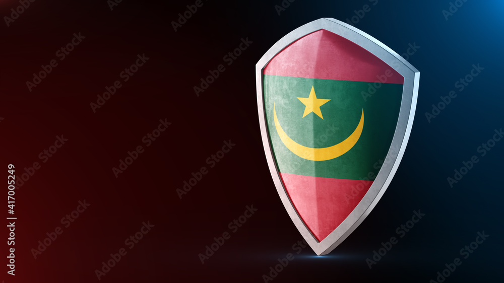 Steel armor painted as Mauritania flag. Protection shield and safeguard concept. Safety badge. Security label and Defense sign. Force and strong symbol. Steel armor painted as Mauritania flag. Protection shield and safeguard concept. Safety badge. Security label and Defense sign. Force and strong symbol.
