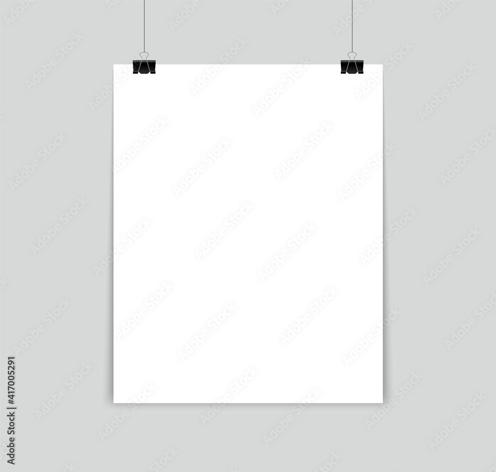 Blank poster hanging on a binder clips. A4 white paper sheet hangs on a rope with clips. Mock up vertical banner for promotion and advertising. Vector illustration. Blank poster hanging on a binder clips. A4 white paper sheet hangs on a rope with clips. Mock up vertical banner for promotion and advertising. Vector illustration.