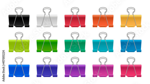 Paper binder clip set. Colorful metal clips. Realistic stationery. Vector illustration.