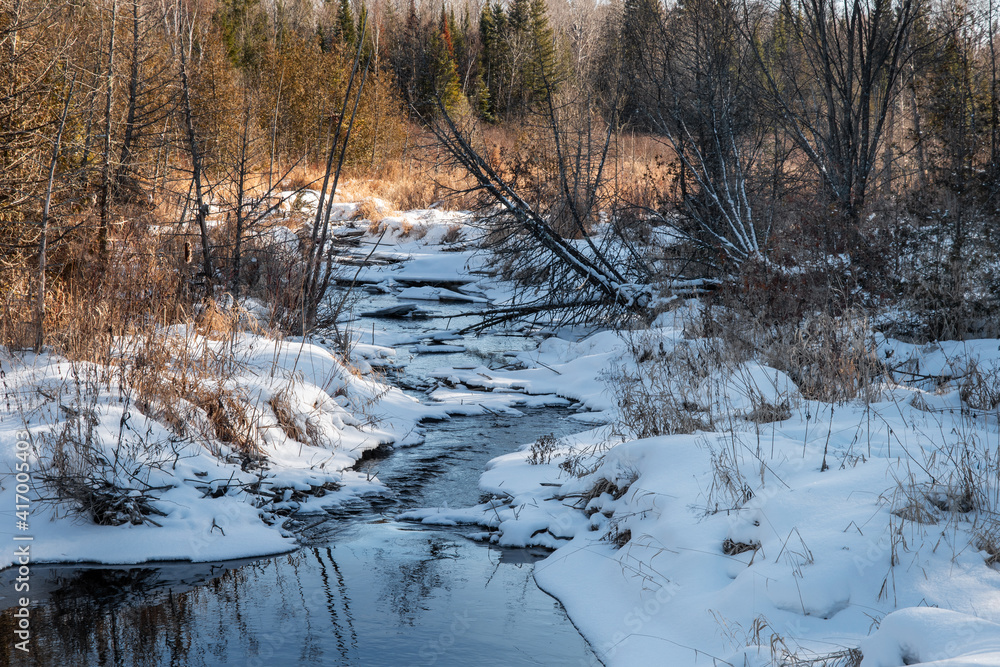 a stream in winter landscape with snow