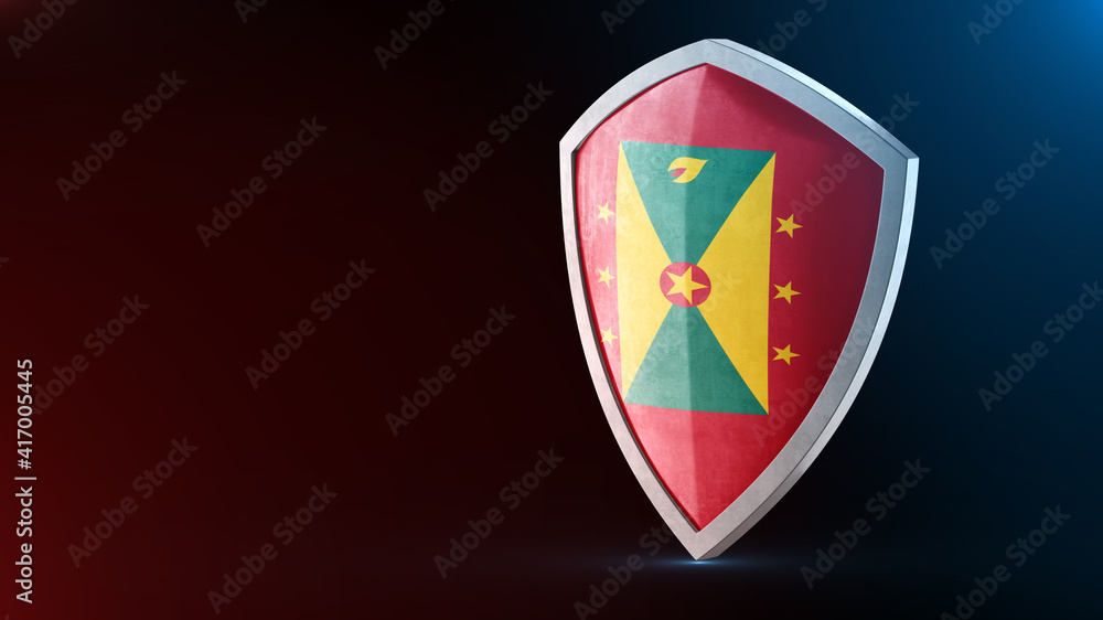 Steel armor painted as Grenada flag. Protection shield and safeguard concept. Safety badge. Security label and Defense sign. Force and strong symbol. Steel armor painted as Grenada flag. Protection shield and safeguard concept. Safety badge. Security label and Defense sign. Force and strong symbol.