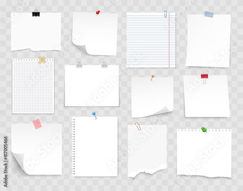 Note paper with pin, binder clip, push pin, adhesive tape and tack. Blank sheet, sticky note, torn piece of paper and notebook page. Templates for a note message. Vector illustration. photo
