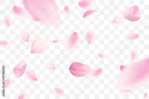 Falling pink sakura petals with blurred elements in realistic style.