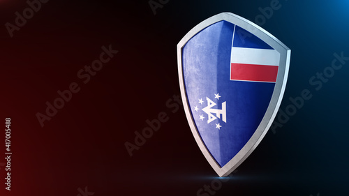 Steel armor painted as French Southern and Antarctic Lands flag. Protection shield and safeguard concept. Safety badge. Security label and Defense sign. Force and strong symbol. Free Download Steel armor painted as French Southern and Antarctic Lands flag. Protection shield and safeguard concept. Safety badge. Security label and Defense sign. Force and strong symbol. - GFXLoad