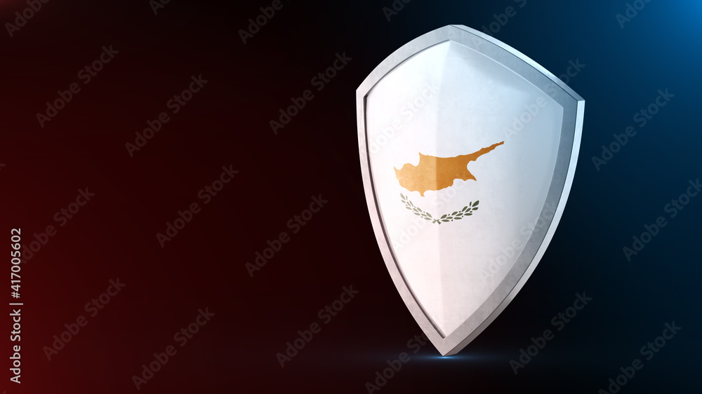 Steel armor painted as Cyprus flag. Protection shield and safeguard concept. Safety badge. Security label and Defense sign. Force and strong symbol. Steel armor painted as Cyprus flag. Protection shield and safeguard concept. Safety badge. Security label and Defense sign. Force and strong symbol.