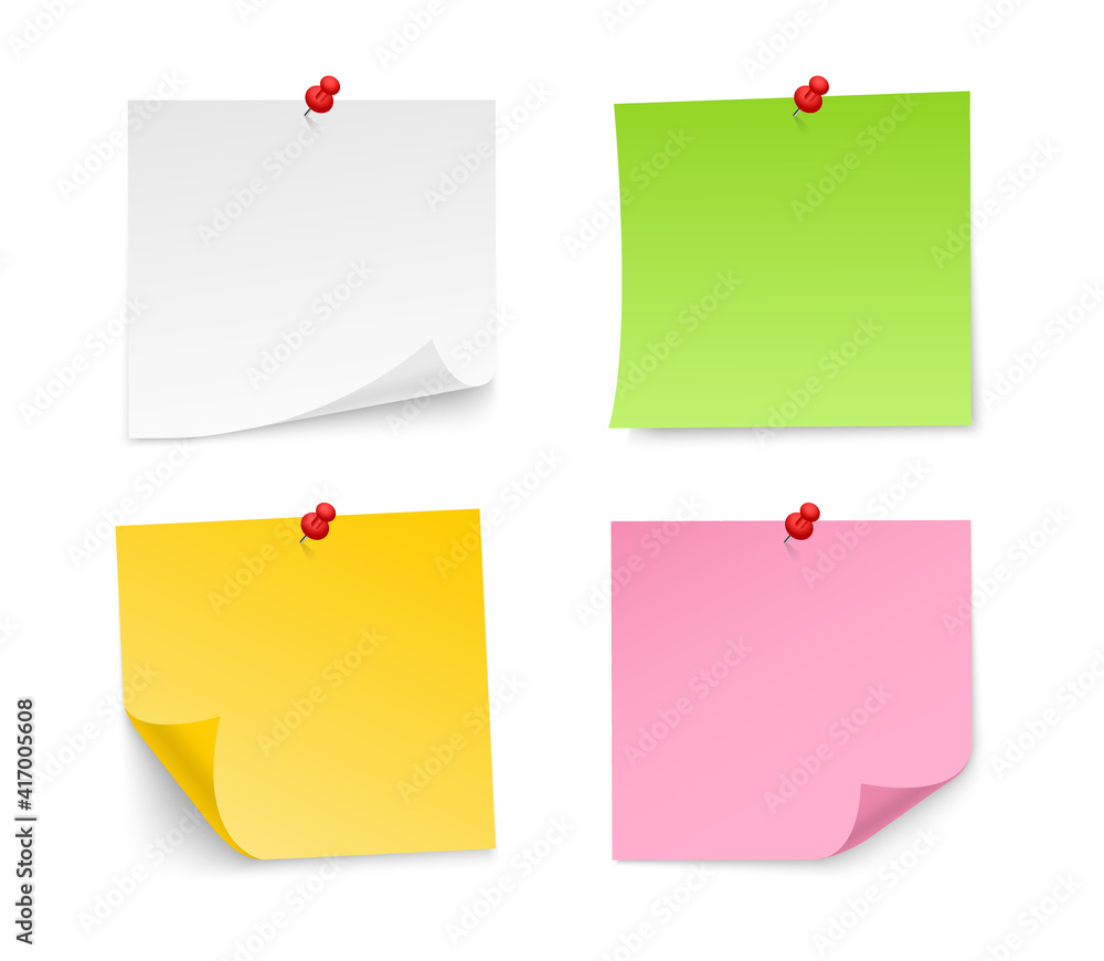 Colored sticky notes paper with push pin. Blank paper sheets for note. Front view. Realistic paper stickers for your message. Vector illustration. Colored sticky notes paper with push pin. Blank paper sheets for note. Front view. Realistic paper stickers for your message. Vector illustration.