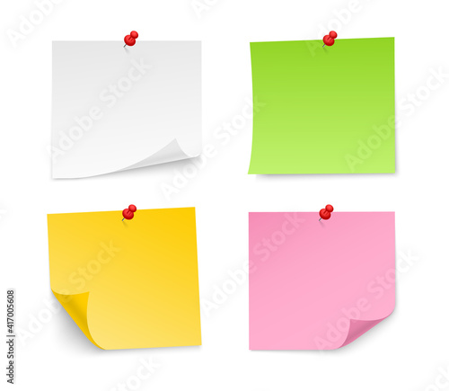 Colored sticky notes paper with push pin. Blank paper sheets for note. Front view. Realistic paper stickers for your message. Vector illustration.