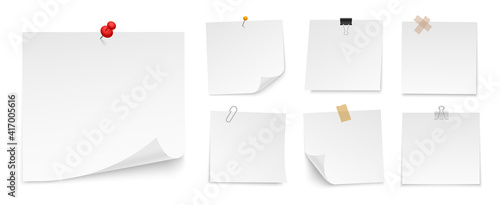 Set of sticky notes paper with push pin, adhesive tape, binder clip. Blank paper sheets for note. Front view. Templates for your message. Vector illustration.