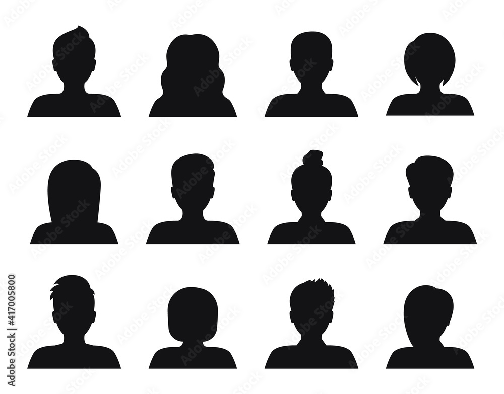 Set of silhouette avatars. Male and female face silhouette. People ...
