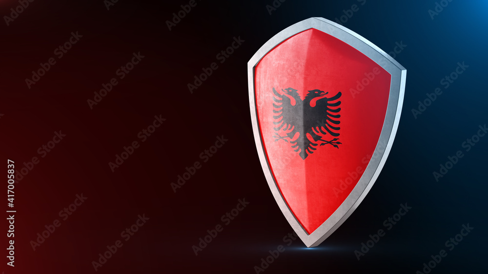 Steel armor painted as Albania flag. Protection shield and safeguard concept. Safety badge. Security label and Defense sign. Force and strong symbol. Steel armor painted as Albania flag. Protection shield and safeguard concept. Safety badge. Security label and Defense sign. Force and strong symbol.
