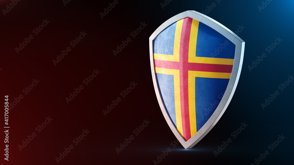 Steel armor painted as Aland Islands flag. Protection shield and safeguard concept. Safety badge. Security label and Defense sign. Force and strong symbol. Steel armor painted as Aland Islands flag. Protection shield and safeguard concept. Safety badge. Security label and Defense sign. Force and strong symbol.