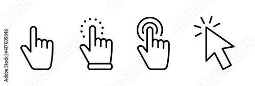 Hand pointer icons. Pointer click. Cursor arrow icon. Clicking finger. Computer mouse click. Vector illustration.