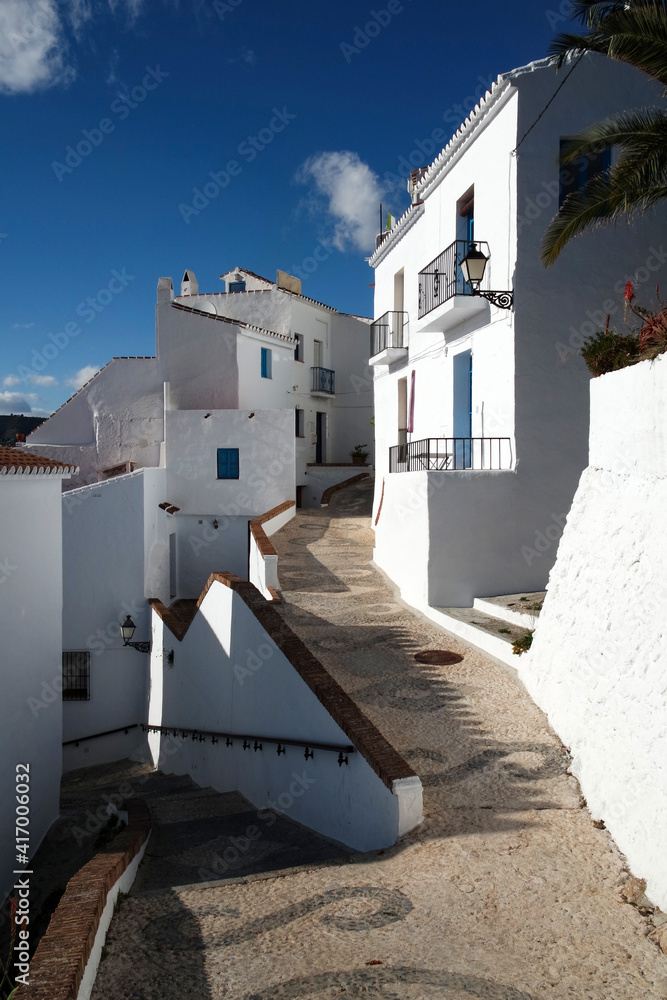 Frigiliana village Spain. Traditional white historic Spanish mountain town at the Costa del Sol.  Moorish quarter with charming cobbled lanes and angular views.