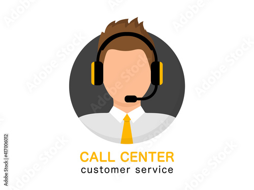 Support service. Customer service operator. Man with headphones. Call center online assistant. Hotline support service 24h. Vector illustration.