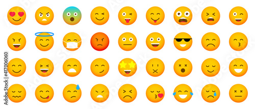 Big set of cartoon emoticons. Collection emoji icons. Social media emoticon smile. Yellow faces expressing emotion. Vector illustration.