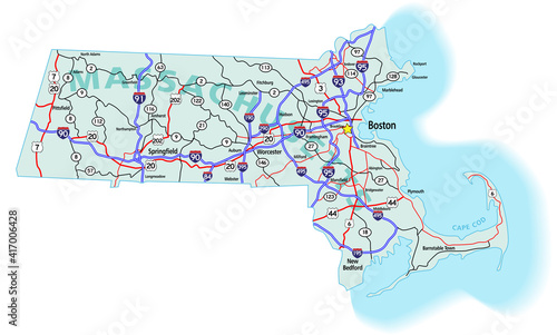 Vector map of the state of Massachusetts and its Interstate System.