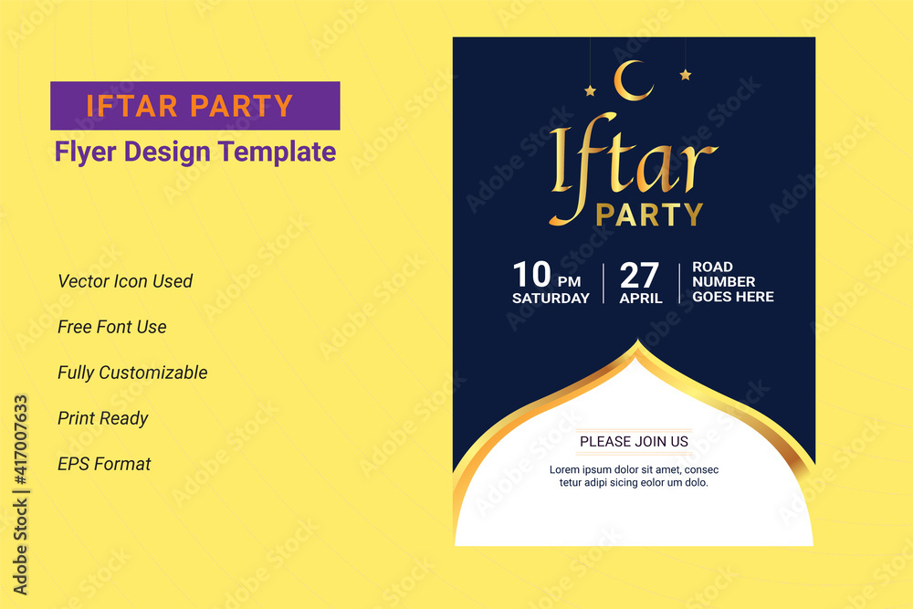 Obraz premium Ifter Party invitation flyer design. Ramadan flyer for ifter party and seminar. Iftar party celebration poster, banner, ftar banner or flyer design, ramadan flyer, ifter party 