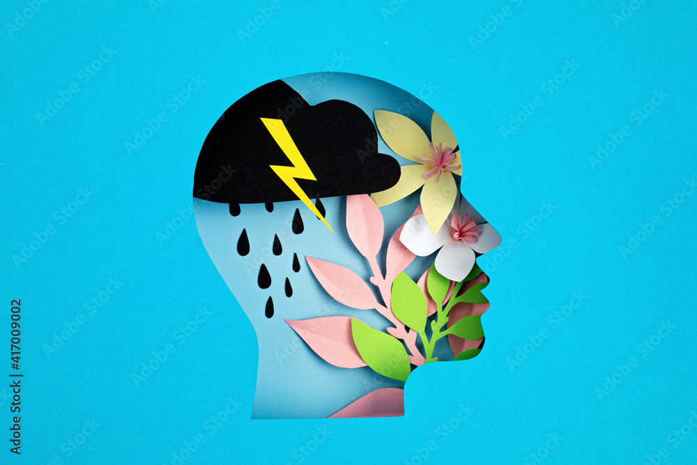 Papercut head, adult bipolar disorder concept. Mental health problems, psychology, mental illness - obrazy, fototapety, plakaty 