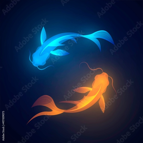 Two blue and orange glowing koi fish on a dark background, yin yang symbol