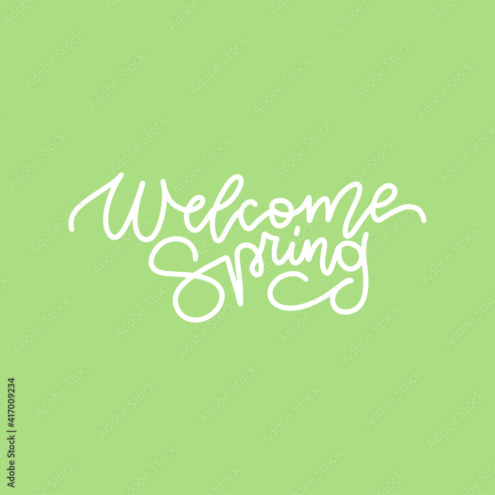 Welcome spring - white linear lettering isolated on loght green background. Beautiful hand drawn calligraphy illustration for greeting card, invitation,, banner. Hello spring season vector typography.