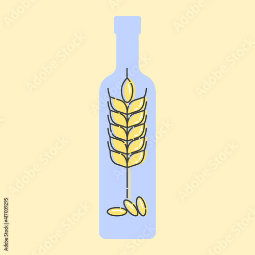 A bottle of vodka with a spike of wheat and grains inside. Flat illustration on yellow background. Alcoholic product is a symbol of a traditional russian drink. Organic alcoholic object concept