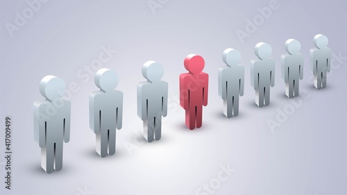A row of people and one red, concept of individuality and uniqueness