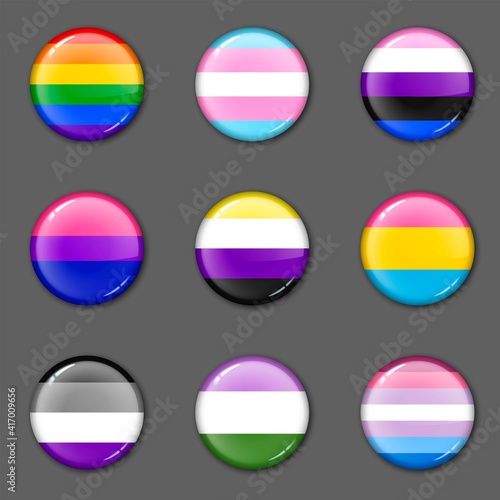 Set of round badges with flags of different sexual orientations and genders