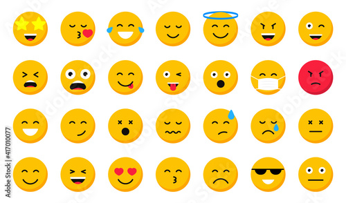 Set of cartoon emoticons. Collection emoji icons. Social media emoticon smile. Yellow faces expressing emotion. Vector illustration.