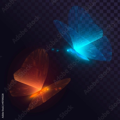 Two blue and orange glowing butterflies with circuit wings 