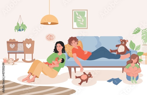 Tired parents with little child in the living room vector flat illustration. Exhausted father lying on couch, sleepy mother trying to calm her newborn baby. Parenthood, parenting concept.