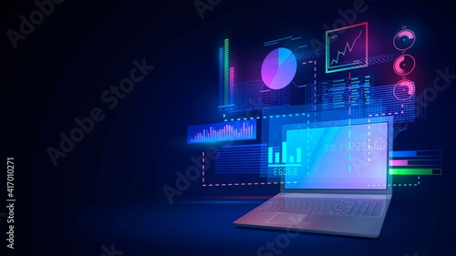 Laptop on dark background with glowing graphs and diagrams, analytics services