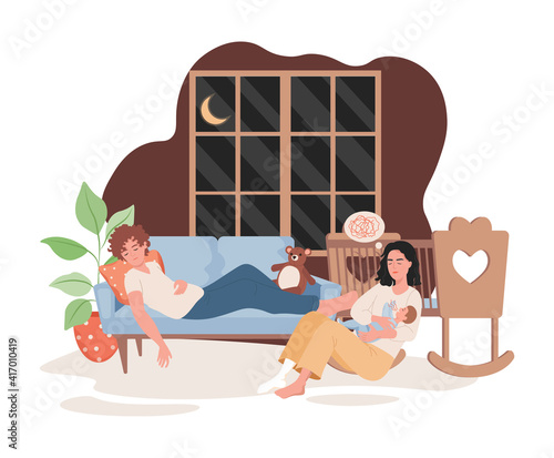 Sleepy parents spending time at night with child in living room vector flat illustration. Exhausted father lying on couch, tired mother trying to calm down her baby. Parenthood, parenting concept.