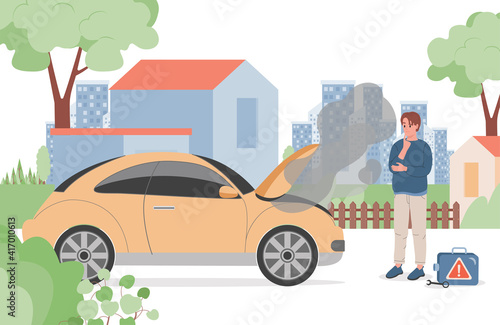 Upset man standing near yellow broken car vector flat illustration. Young man with instruments trying to repair automobile. Repairman fixing car engine problems near country house.