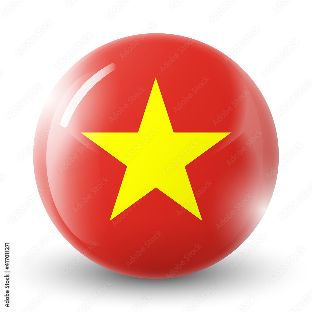 Glass light ball with flag of Vietnam. Round sphere, template icon. Vietnamese national symbol. Glossy realistic ball, 3D abstract vector illustration highlighted on a white background. Big bubble. Glass light ball with flag of Vietnam. Round sphere, template icon. Vietnamese national symbol. Glossy realistic ball, 3D abstract vector illustration highlighted on a white background. Big bubble.
