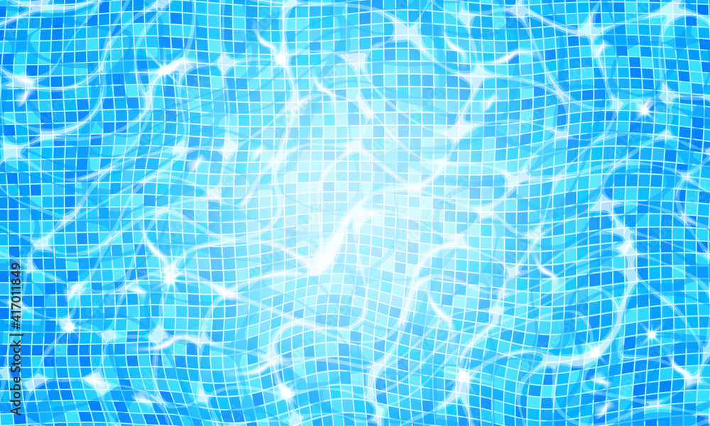 Swimming pool water background with caustic ripple and sunlight glare effect. Aquatic surface with waves backdrop. Vector illustration of underwater bottom texture, top view Swimming pool water background with caustic ripple and sunlight glare effect. Aquatic surface with waves backdrop. Vector illustration of underwater bottom texture, top view