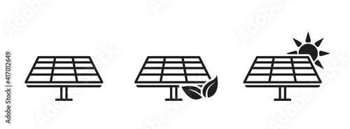 solar panel line icon set. eco friendly industry. environment, sustainable, renewable and alternative energy symbol