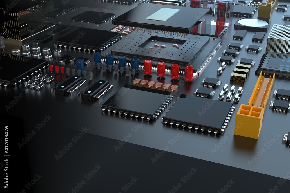 printed circuit board with microchips, processors and other computer parts. 3d render