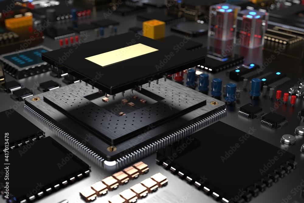 printed circuit board with microchips, processors and other computer parts. 3d render printed circuit board with microchips, processors and other computer parts. 3d render