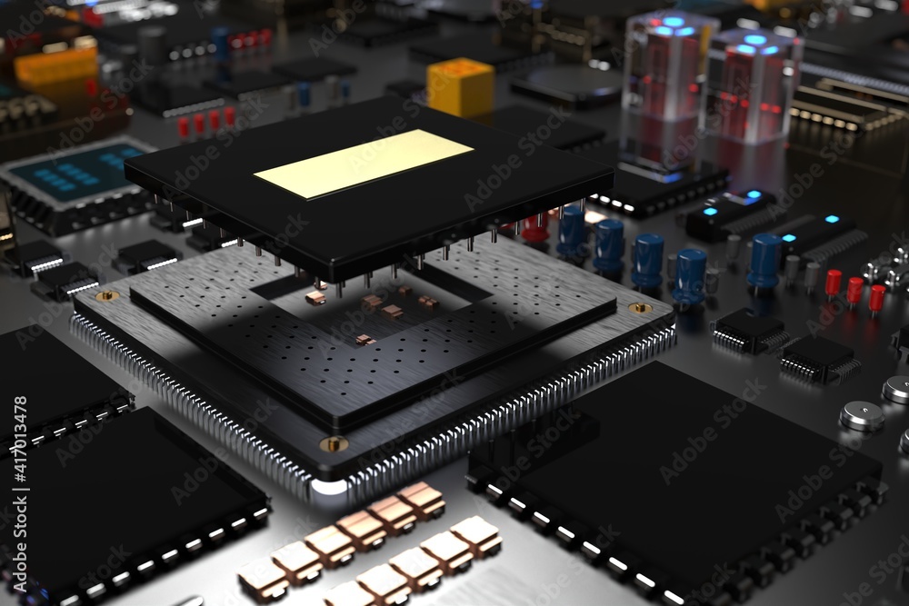 printed circuit board with microchips, processors and other computer parts. 3d render