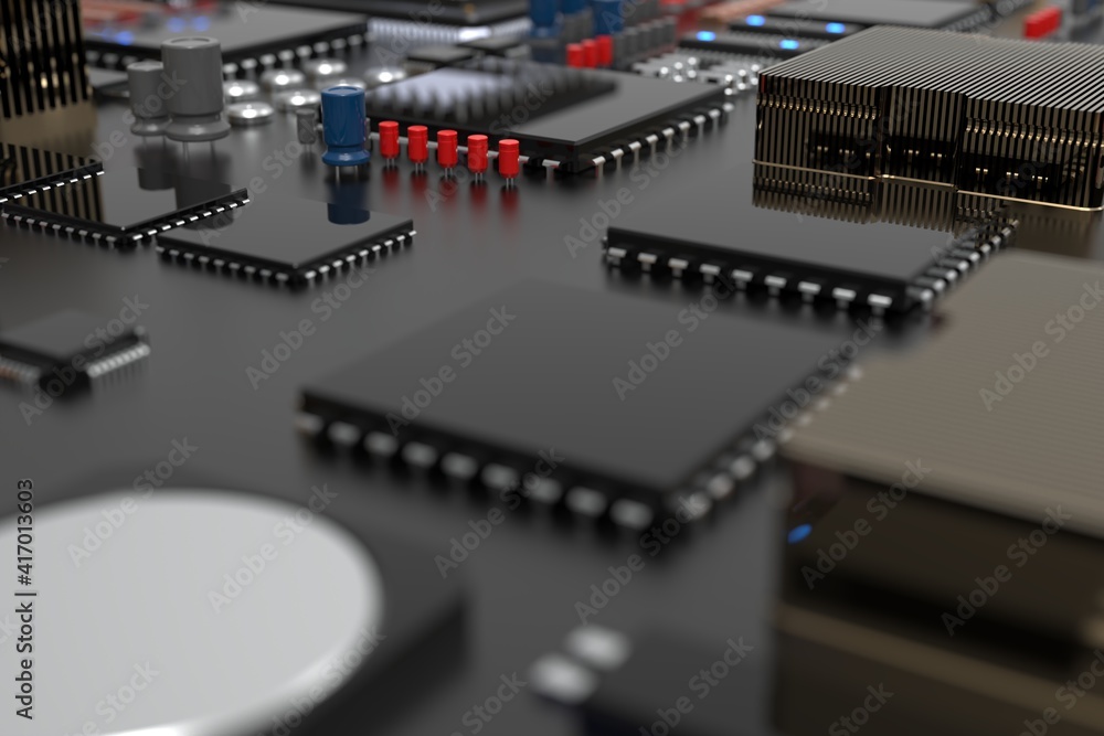 printed circuit board with microchips, processors and other computer parts. 3D render on the topic of technology and large computing power printed circuit board with microchips, processors and other computer parts. 3D render on the topic of technology and large computing power