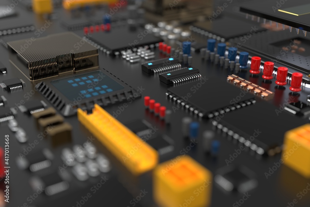 printed circuit board with microchips, processors and other computer parts. 3D render on the topic of technology and large computing power