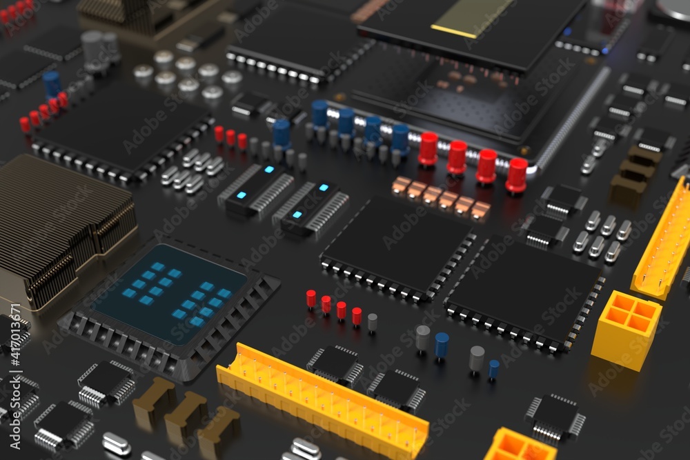 printed circuit board with microchips, processors and other computer parts. 3D render on the topic of technology and large computing power