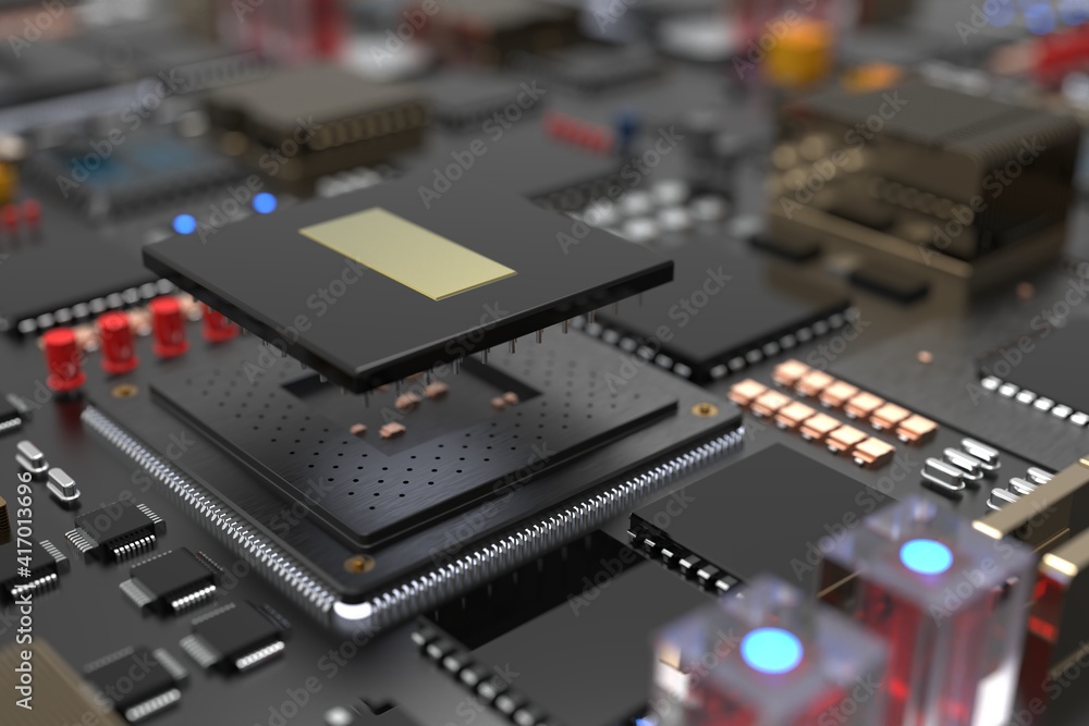 printed circuit board with microchips, processors and other computer parts. 3D render on the topic of technology and large computing power printed circuit board with microchips, processors and other computer parts. 3D render on the topic of technology and large computing power
