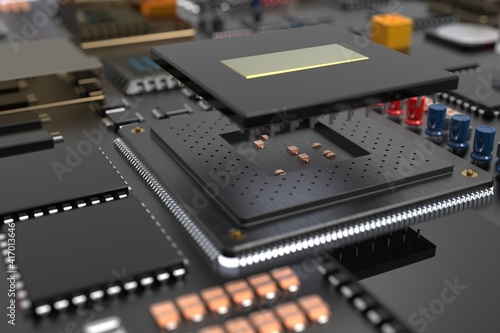 printed circuit board with microchips, processors and other computer parts. 3D render on the topic of technology and large computing power