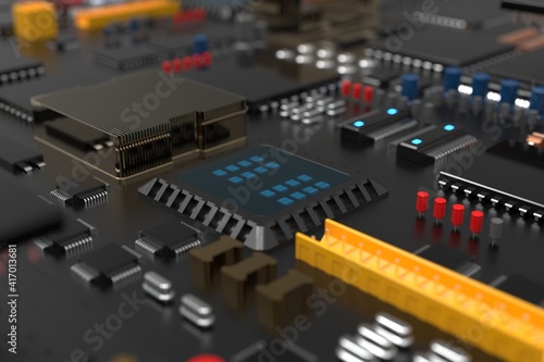 printed circuit board with microchips, processors and other computer parts. 3D render on the topic of technology and large computing power